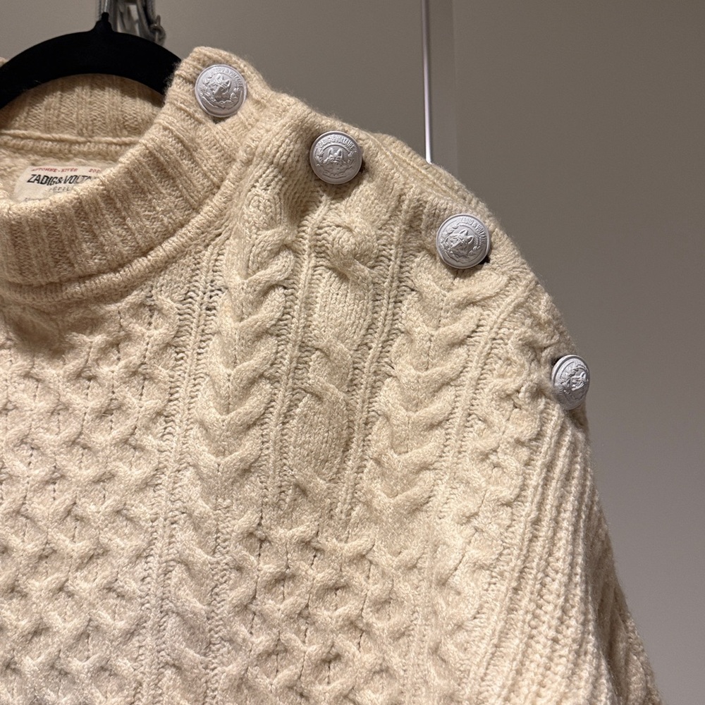 Zadig & Voltaire Malta Button Shoulder Cable Knit Cashmere Sweater (Ecru, Medium - Picture 8 of 10